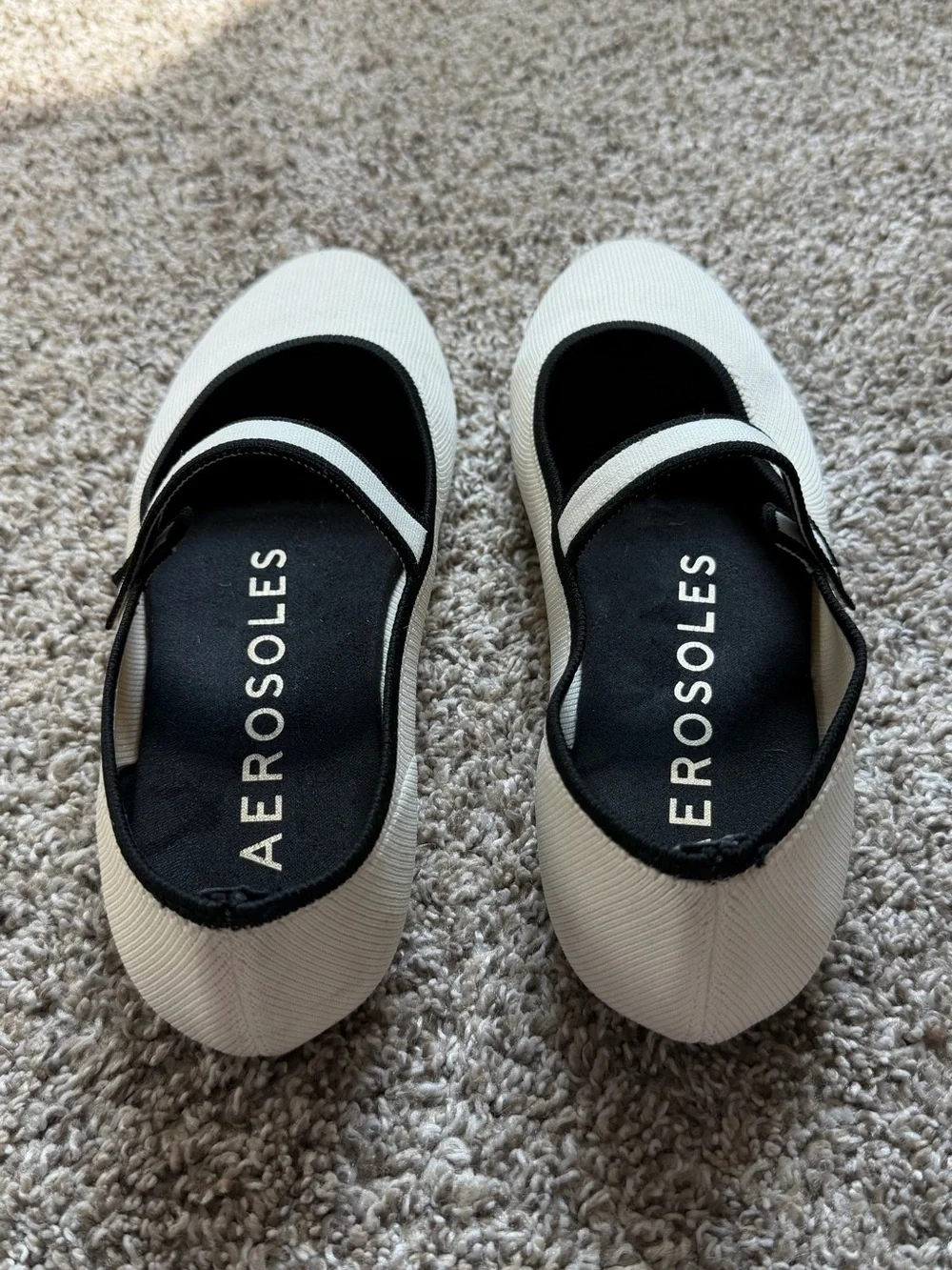 AEROSOLES Cream Canvas Mary Jane Flats with Black Trim